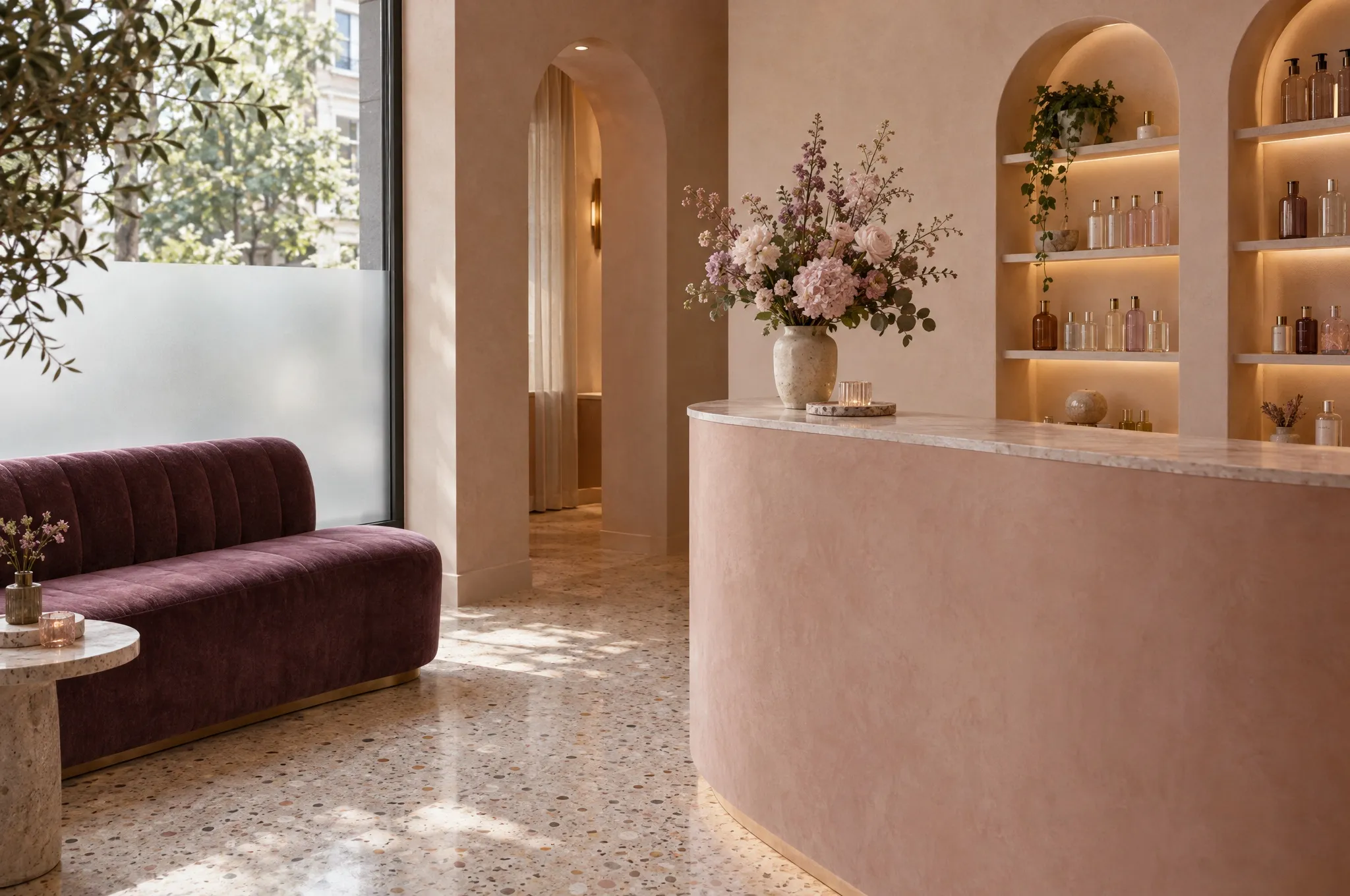 A softly lit studio reception with a curved blush desk and a plum velvet bench