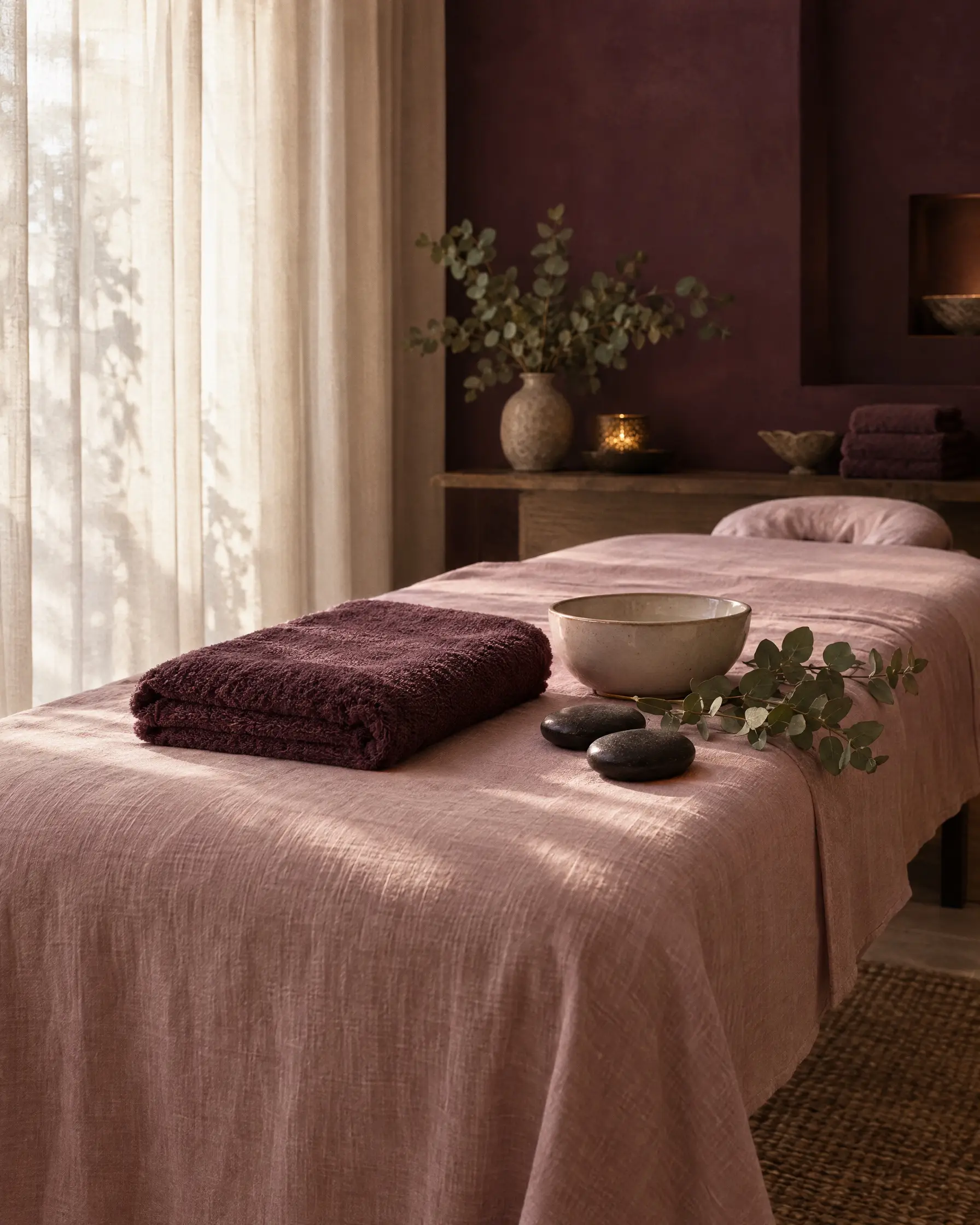 A treatment bed in blush linen with a folded plum towel and warm stones