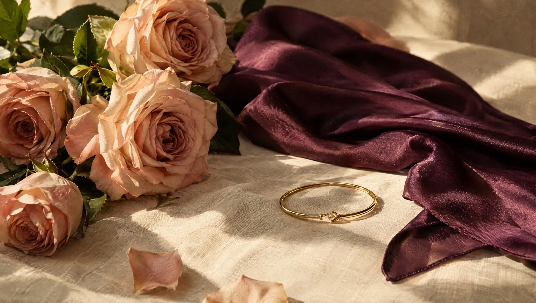 A soft arrangement of blush roses, a folded silk scarf and a gold bangle on linen