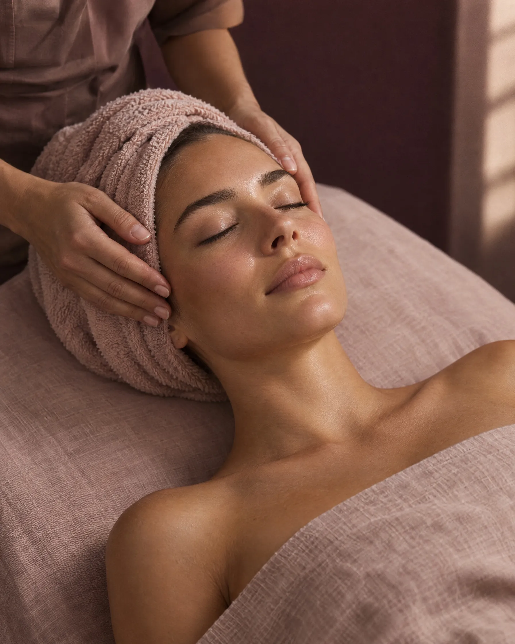 A woman relaxing on a treatment bed, hair wrapped in a blush towel, a therapist’s hands at her temples