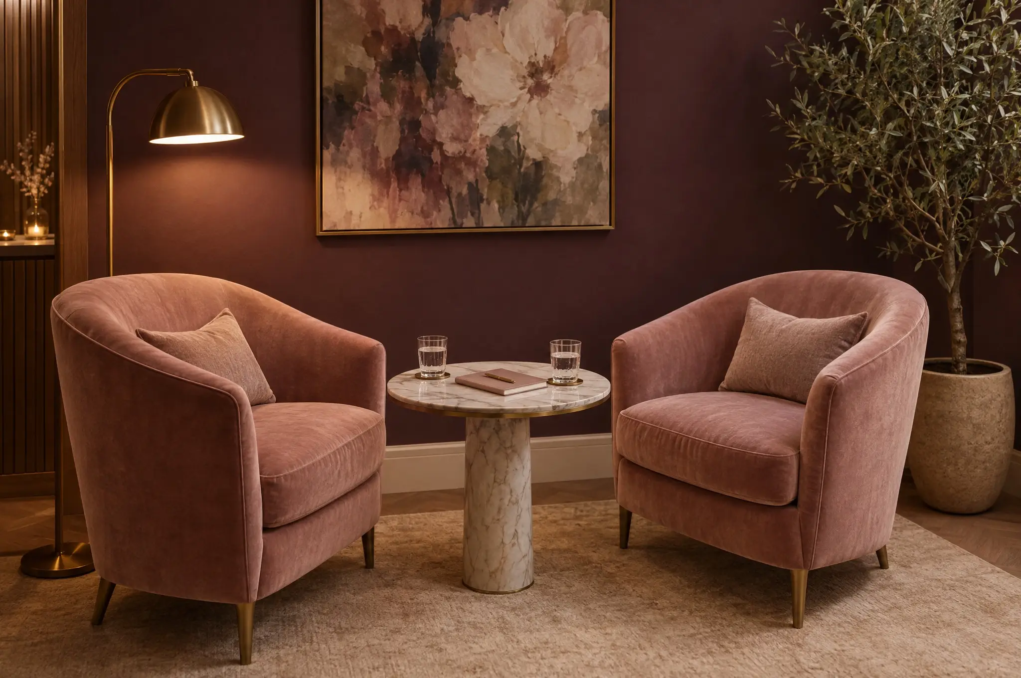 Two blush armchairs facing each other across a small marble table