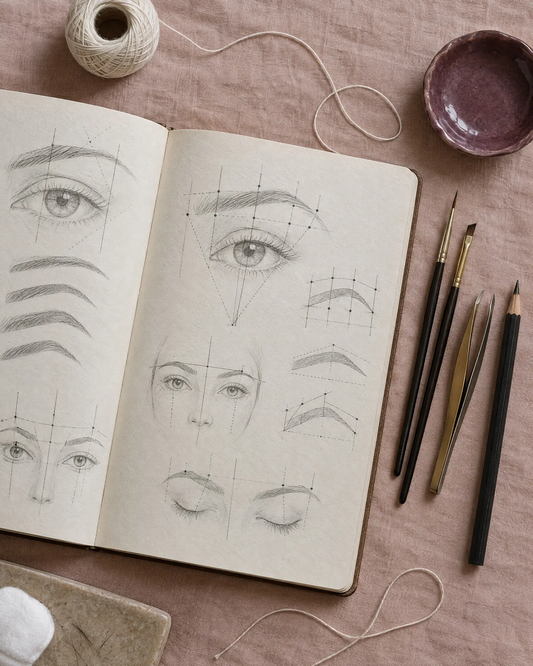 A sketchbook of pencil brow-mapping drawings with brushes and thread on blush linen