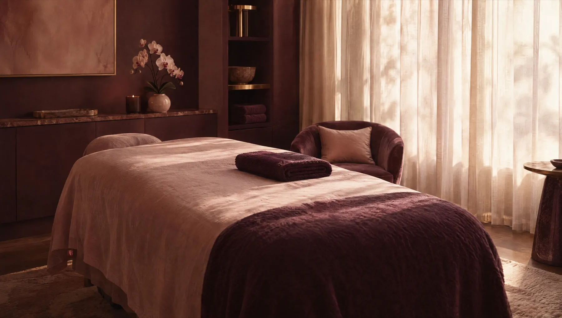 A calm private treatment room with blush linen, a folded plum towel and soft morning light
