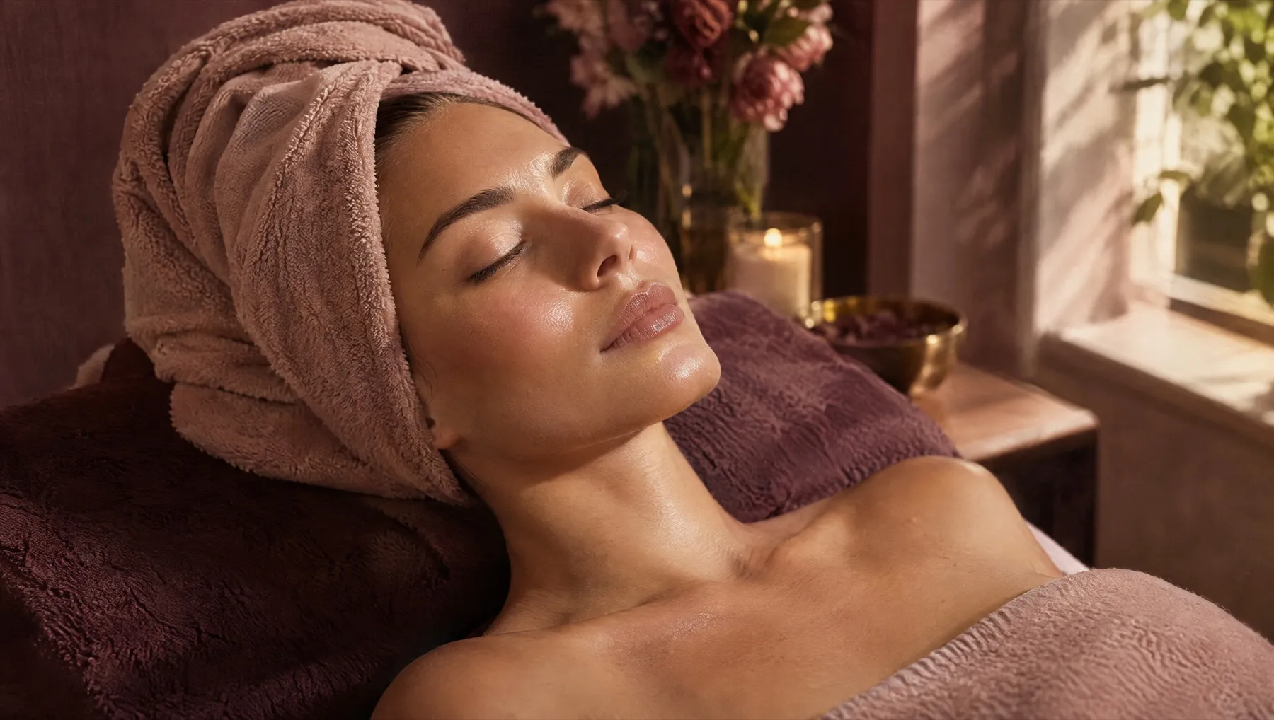A woman resting on a treatment bed with her hair wrapped in a blush towel