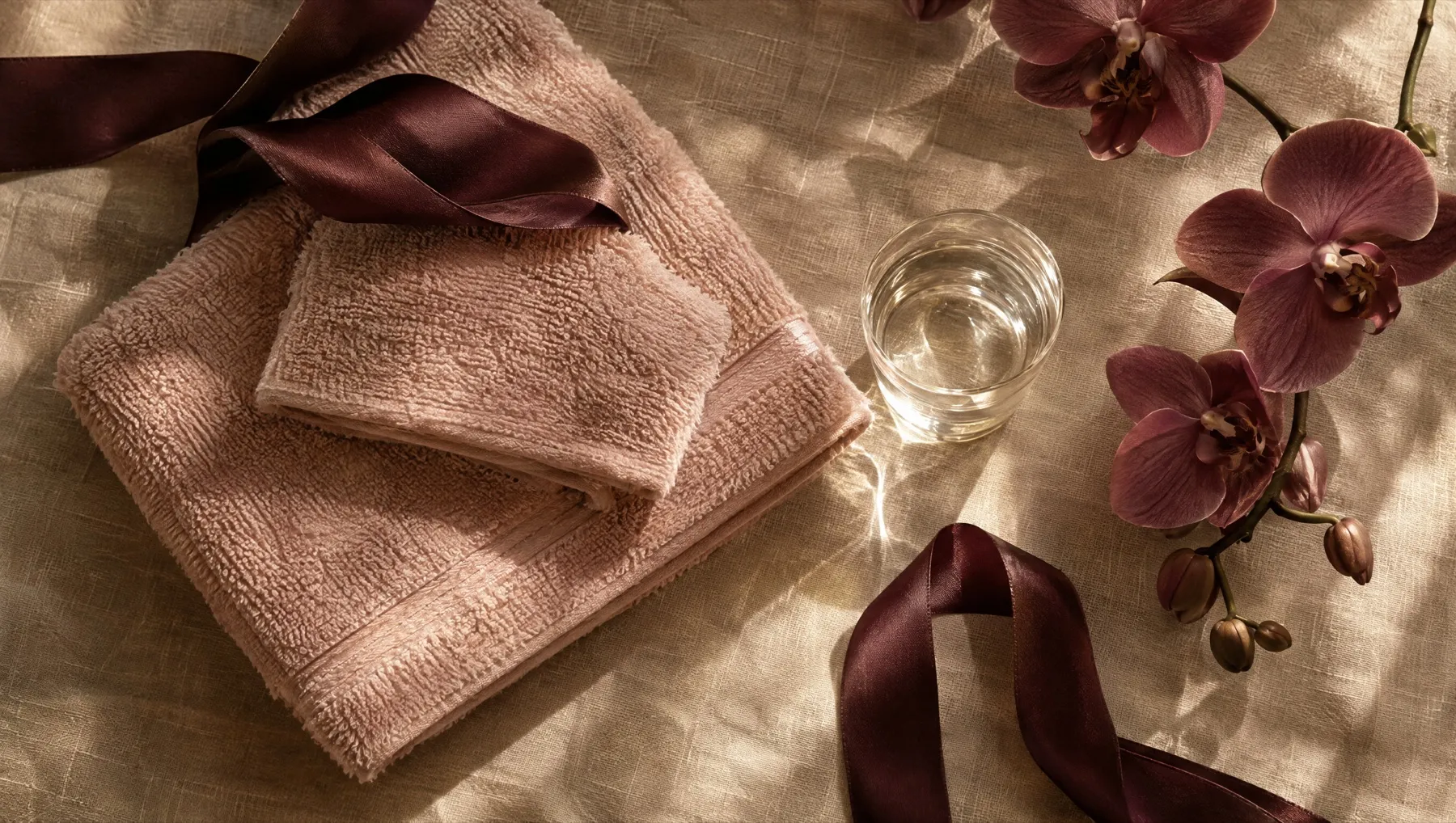 A soft flat lay of a folded blush towel, a plum ribbon and a small glass of water on linen