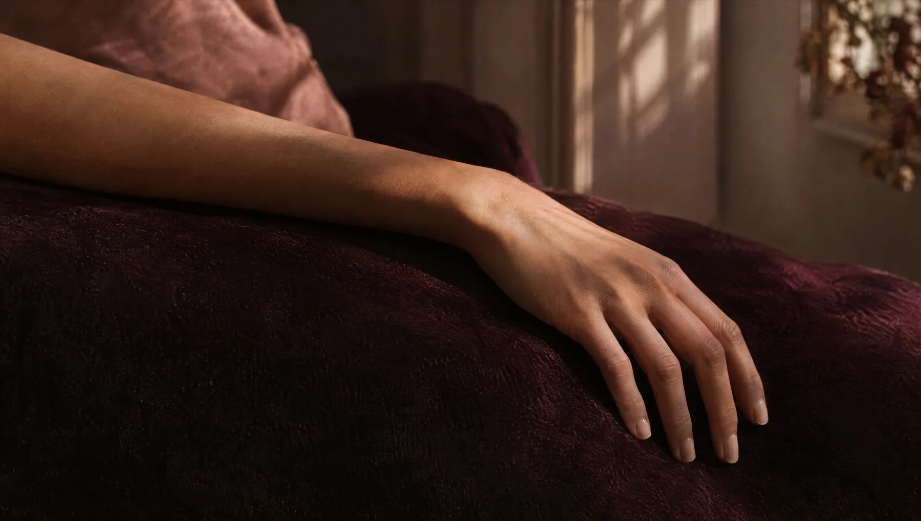 A woman's wrist and hand resting on plum velvet in warm window light