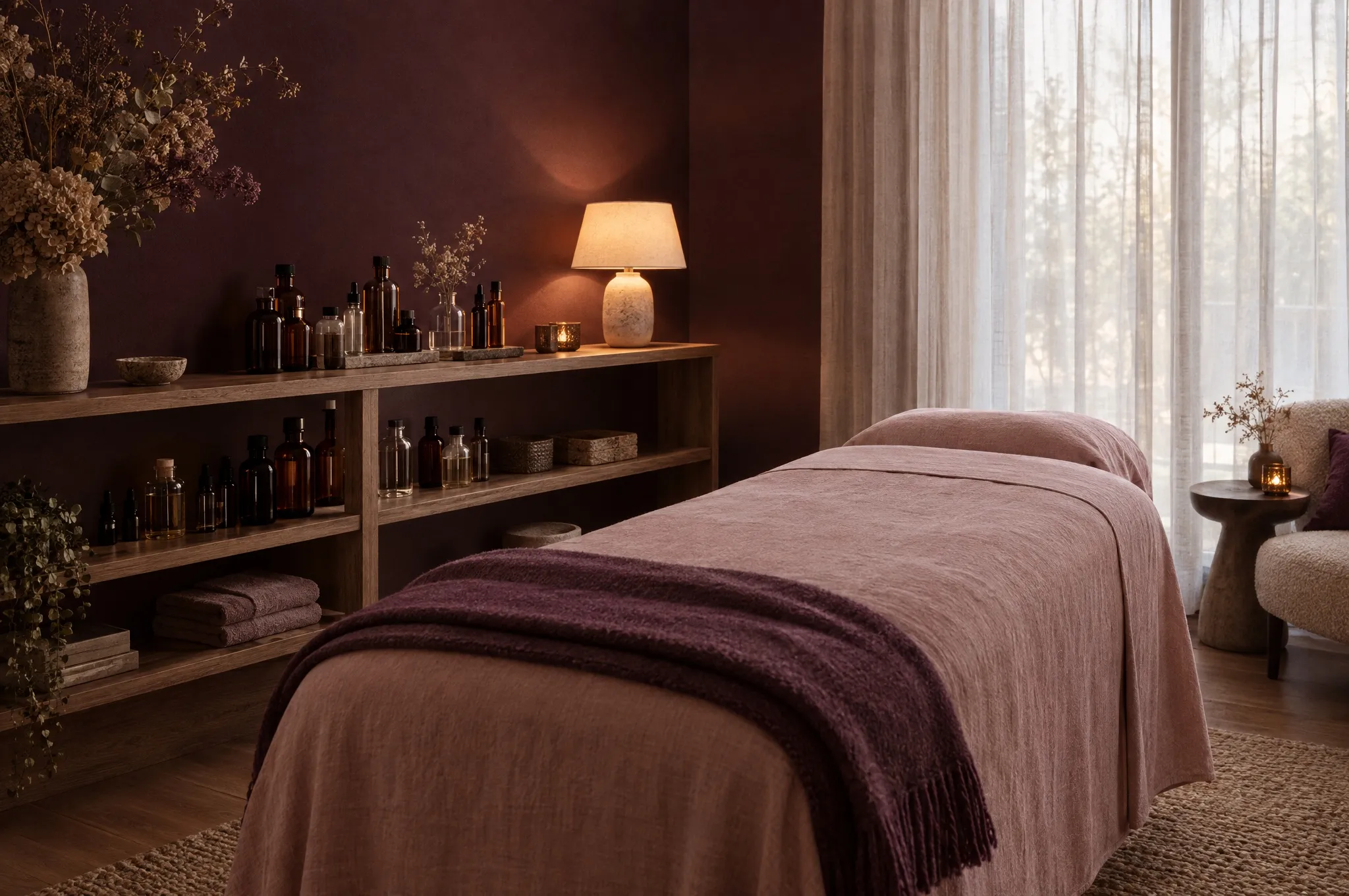 A quiet treatment room with blush linen, a plum throw and a warm lamp