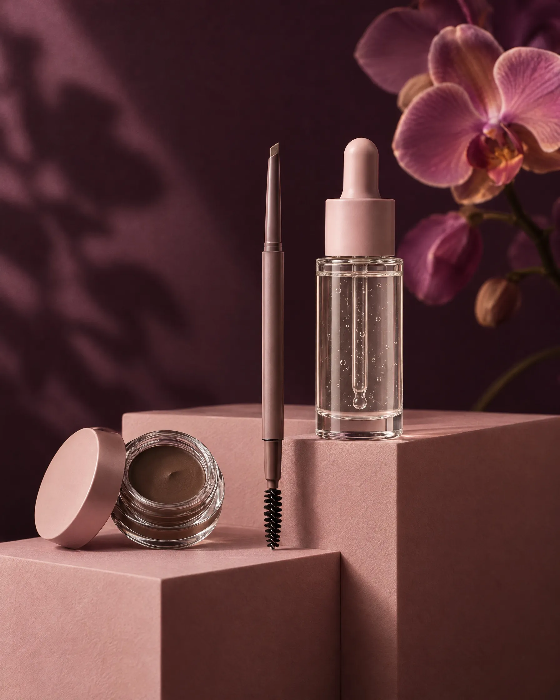 A brow pomade, pencil and clear serum bottle on blush plinths with orchids
