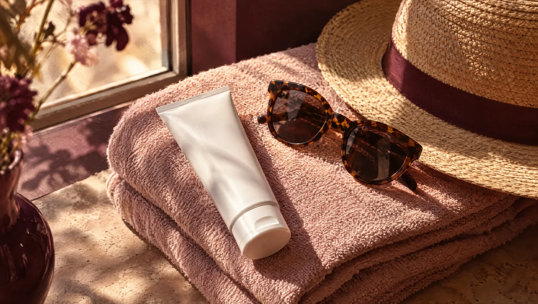 A sunscreen tube, sunglasses and a straw hat resting on a blush towel in summer light