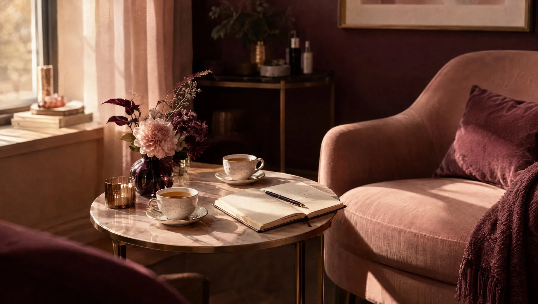 Two cups of tea and a notebook on a small table in a softly lit consultation room